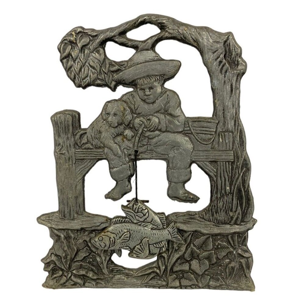 Cast Metal Pewter Fishing Boy & Dog Wall Hanging With Dangle Fish